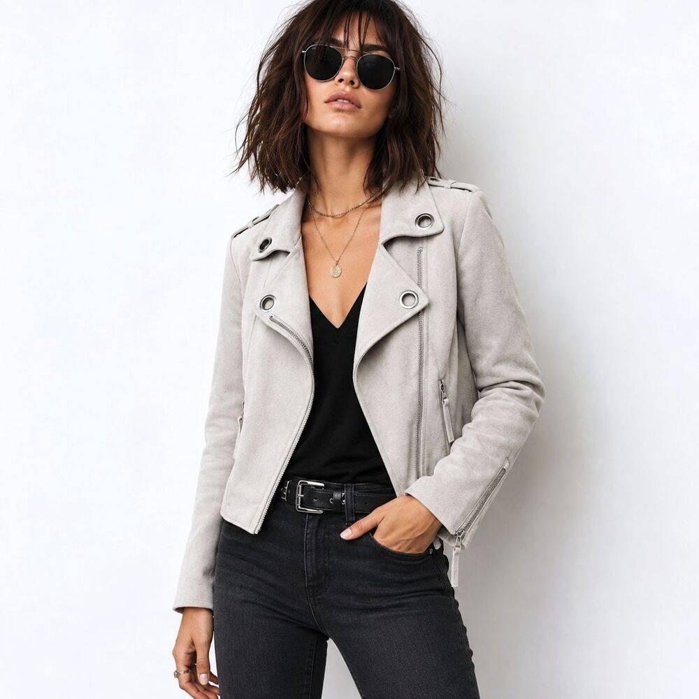 John + Jenn Womens M Faux Suede Moto Jacket Dove Gray Biker Grommet Zip Lined